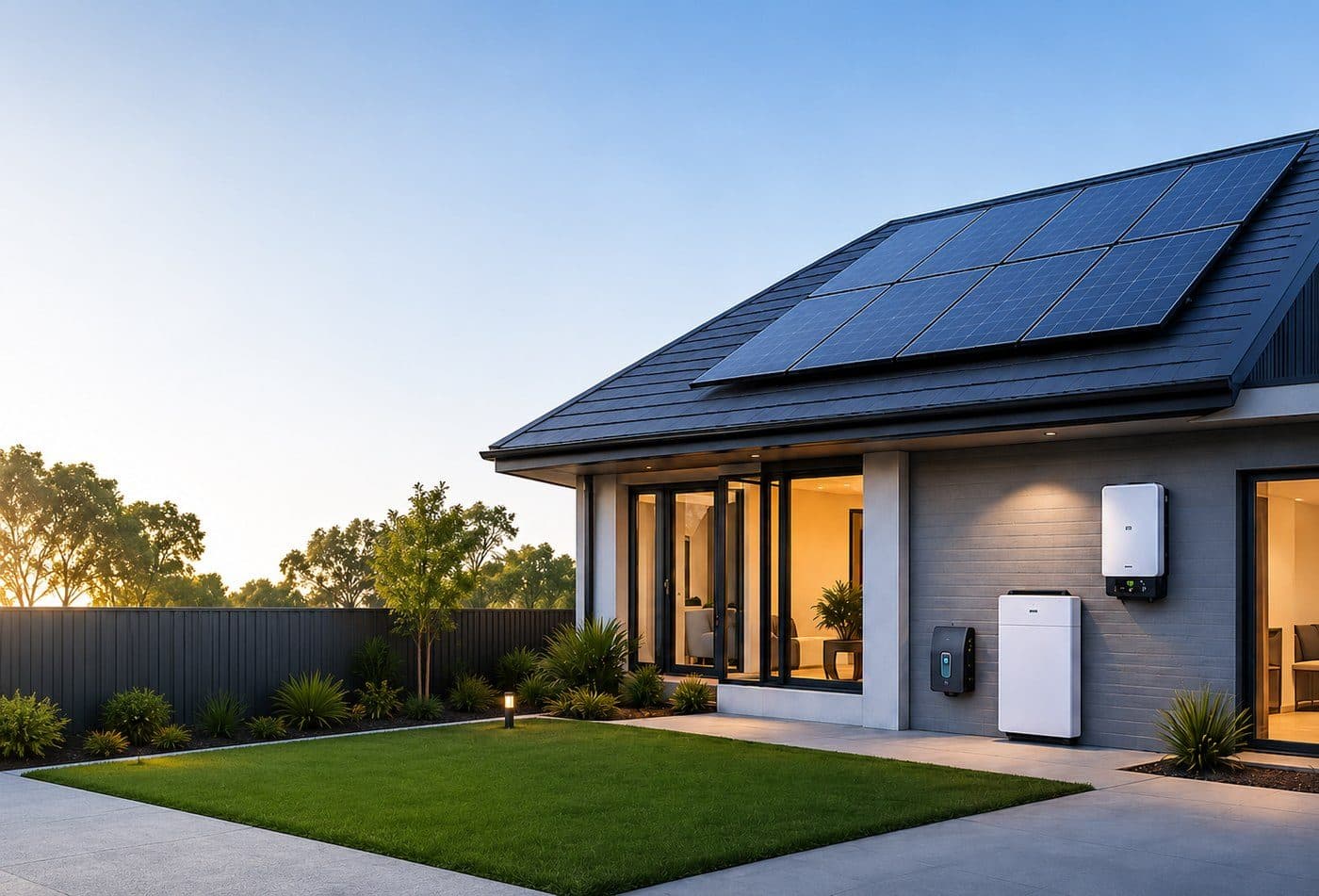Modern Australian home with rooftop solar panels and a battery system mounted near the garage